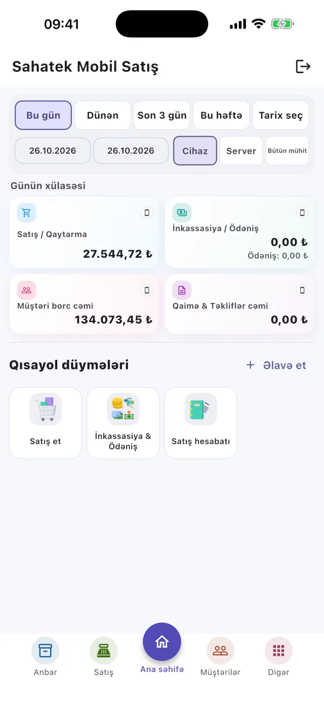 Sahatek Mobil Satış əsas ekranı, günün xülasəsi