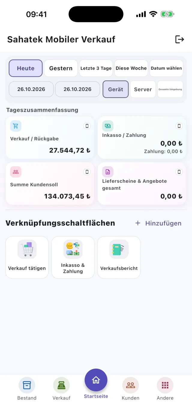 Sahatek Mobil Satış Startseite mit Tagesübersicht