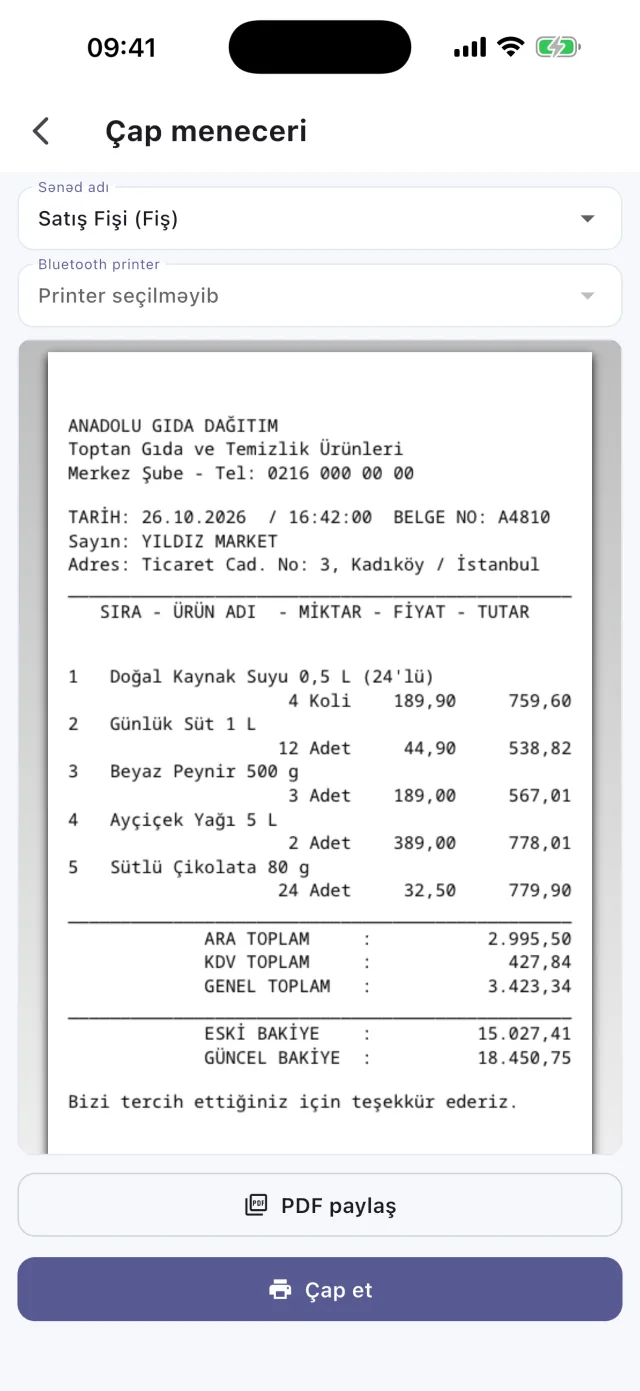 Sahatek Mobil Satış qəbz önizləməsi