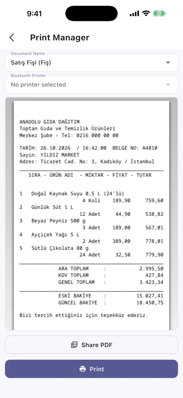 معاينة الإيصال في Sahatek Mobil Satış