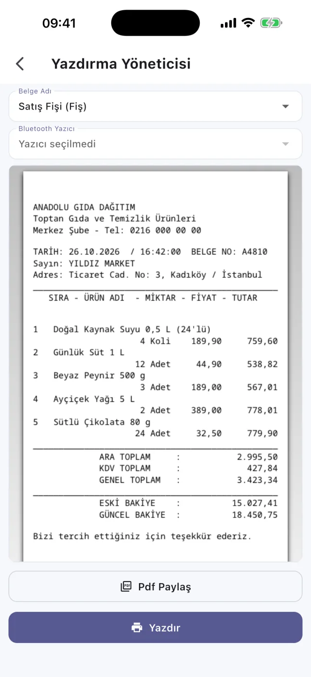 Sahatek Mobil Satış fiş önizleme ekranı