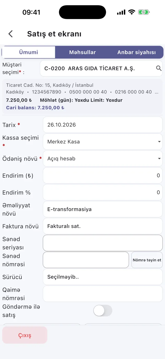 Sahatek Mobil Satış satış ekranı və sənəd məlumatları