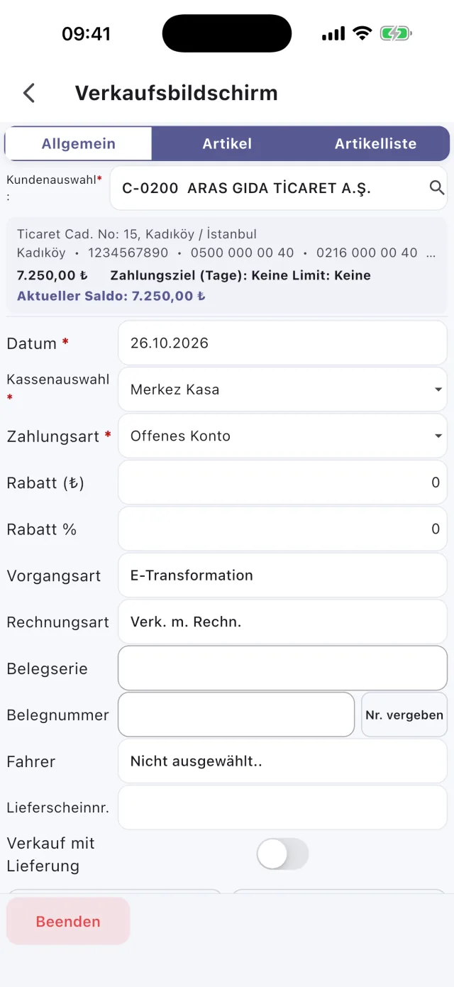 Sahatek Mobil Satış Verkaufsmaske mit Belegdaten