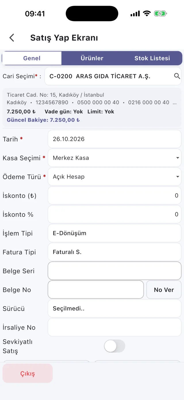 Sahatek Mobil Satış satış ekranı ve belge bilgileri