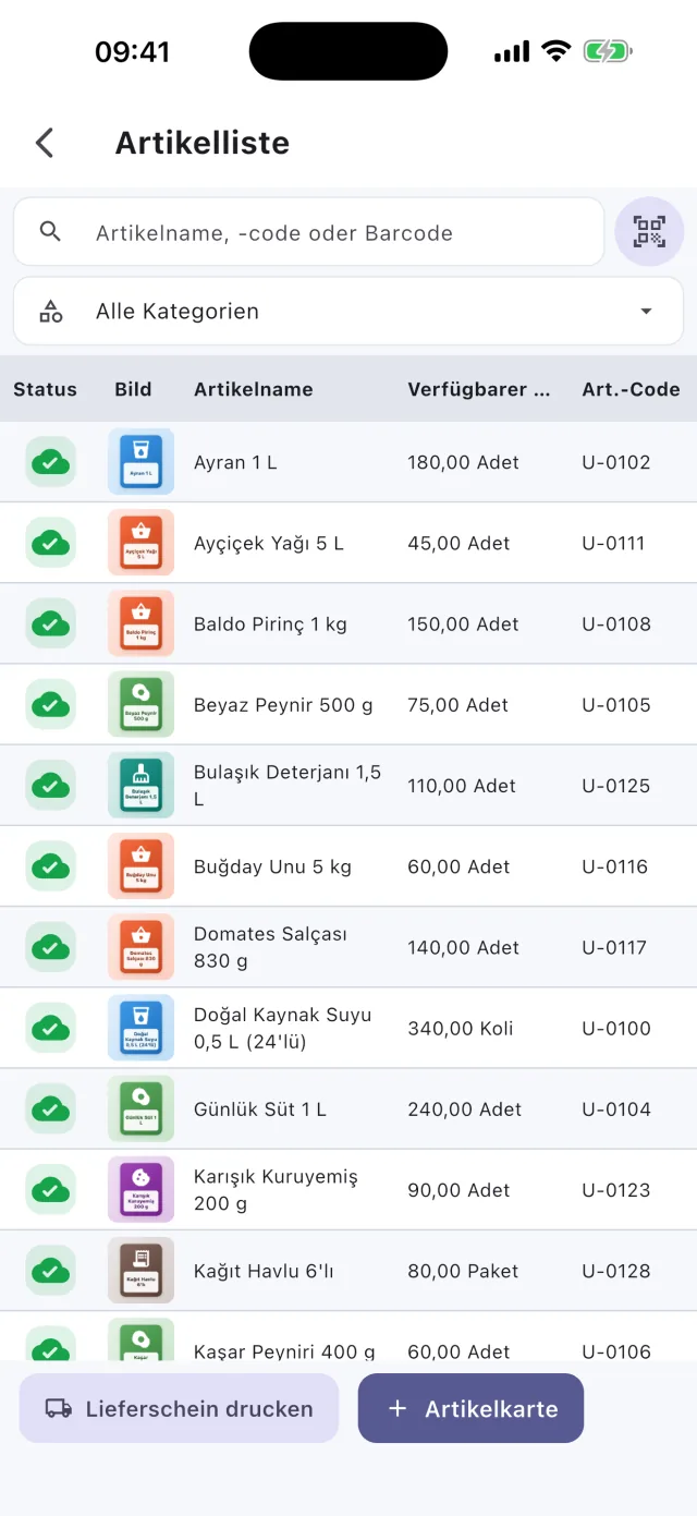 Sahatek Mobil Satış Artikelliste mit Bestand