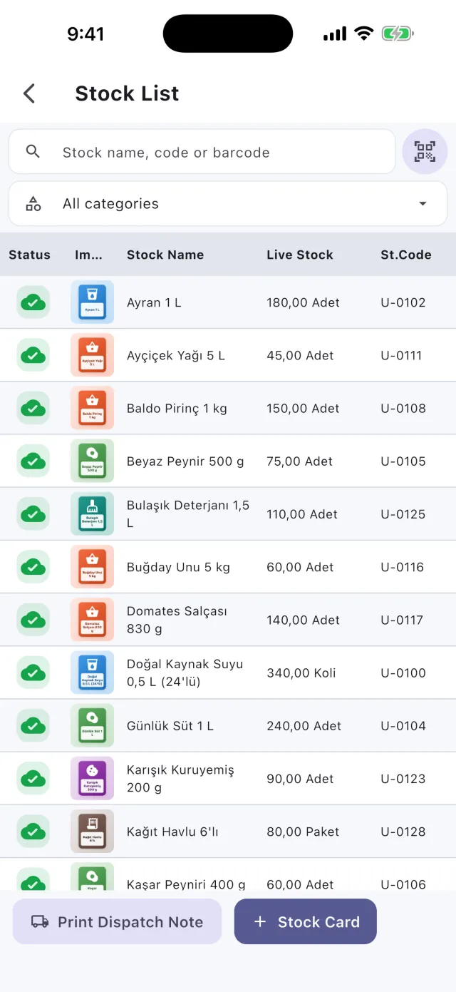 قائمة المخزون في Sahatek Mobil Satış
